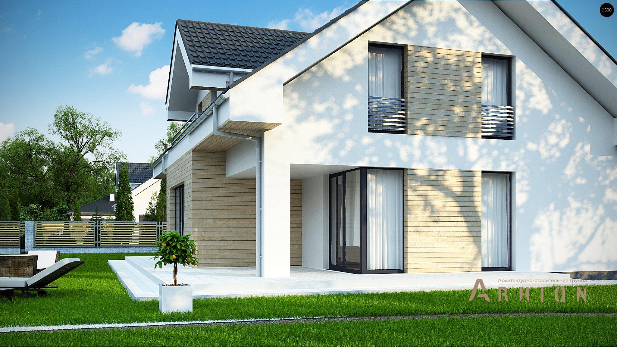 4. Проект одноэтажного дома в канадском стиле с двускатной кровлей, Z160 A, площадью - 181 кв c мансардой, терассой, балконом, эркером